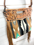 Campo Tan & Mint Pattern Wool Leather Handle Fringe Bag