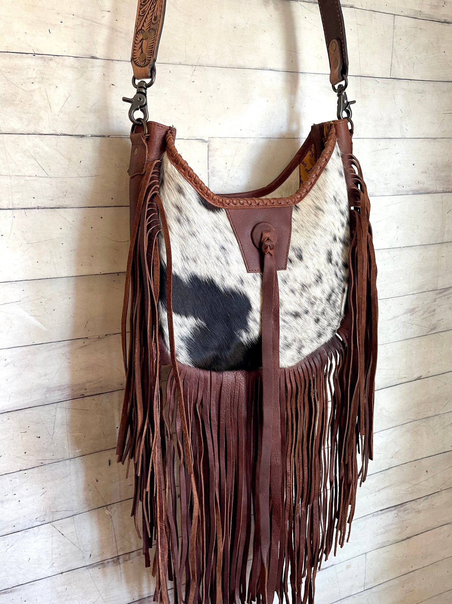 Brown Hide & Leather Boho Crossbody Long Fringe Bag