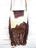 Brown Raw Hide Flap on Leather with Fringe Crossbody Bag