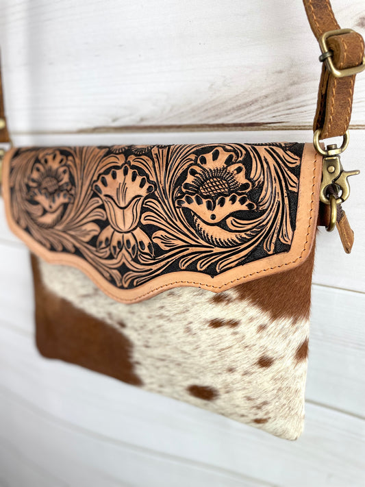 Leather Floral Tooled Flap on Tan Hide Handbag