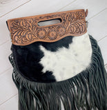 SALE! Black & Cream Hide - Round Tooled Handle Fringe / Crossbody Handbag