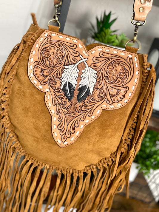 Vintage Sand Suede Tooled Leather Feather Handbag