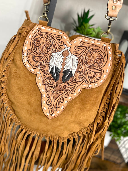 Vintage Sand Suede Tooled Leather Feather Handbag
