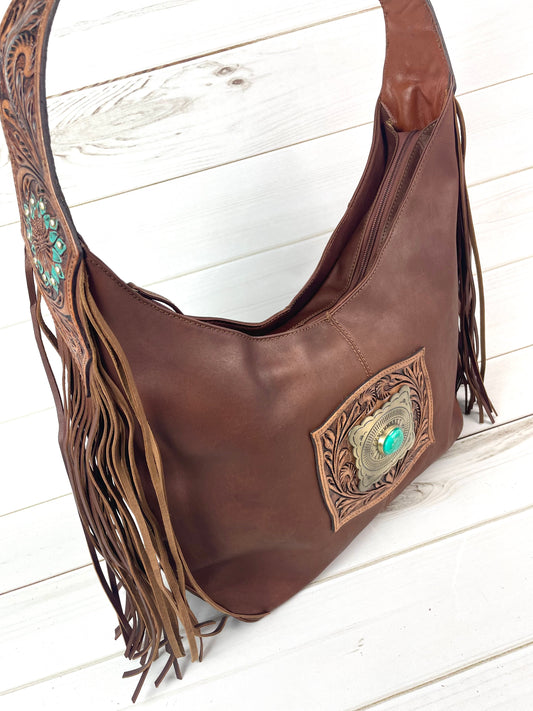 Dark Leather Turquoise Accent Tooled Fringe Hobo Handbag