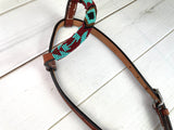 Maroon Turquoise Beaded One Ear Leather Headstall