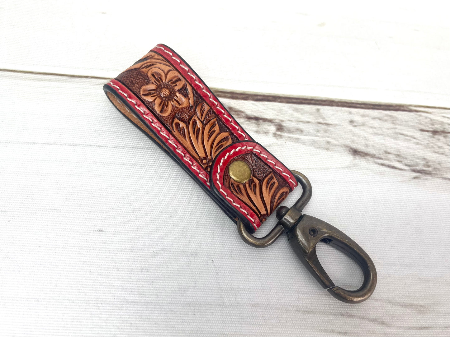 Tooled Leather Tab Key Fob