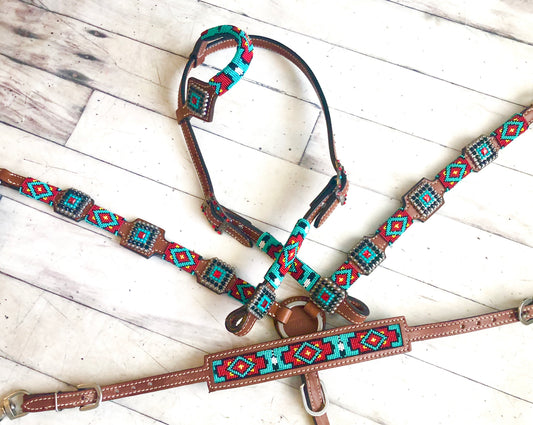 Red and Teal Beaded Diamond Pattern Tack Set