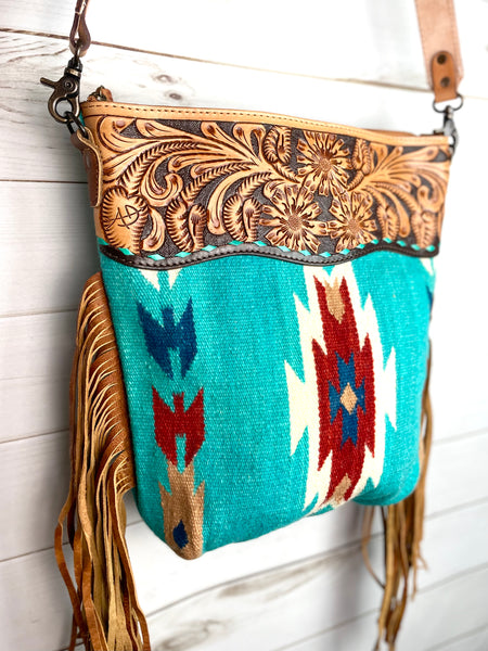 Coronado Turquoise and Rust Diamond Wool & Leather Handbag
