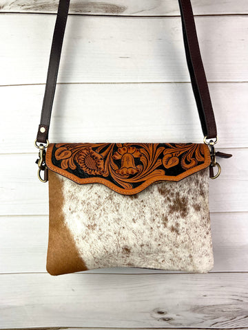 Leather Floral Tooled Flap on Tan Hide Handbag