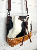 Brown and White Hide with Leather Tooled Bottom Bucket Bag