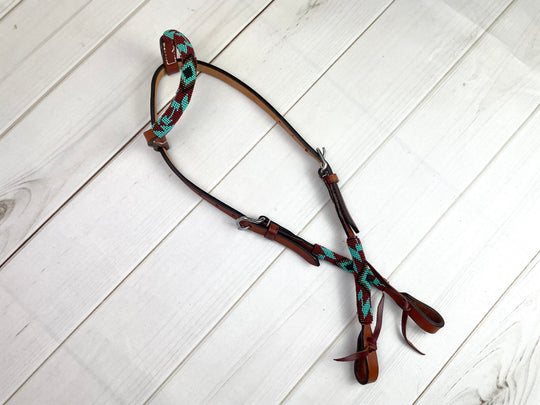 Maroon Turquoise Beaded One Ear Leather Headstall