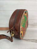 Cactus Sunflower Leather Tooled & Painted Buckstitch Round Canteen Crossbody Bag