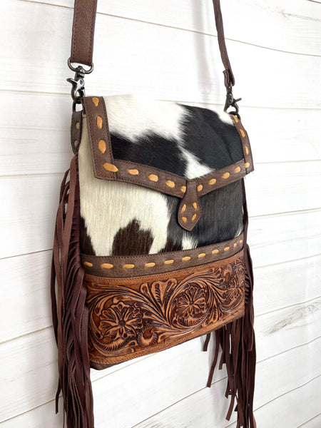 CLEARANCE!! Brown & White Hide Tan Buckstitch Tooled Leather Crossbody Bag