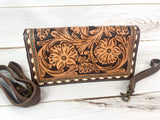 Dark Leather Floral Tooled Buckstitch with Turquoise Dotted Carryall Wallet