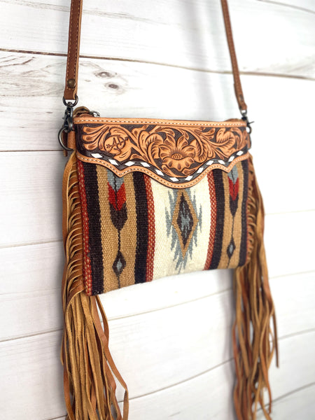 Medium Churro Tan Grey Wool & Leather Tooled Fringe Bag