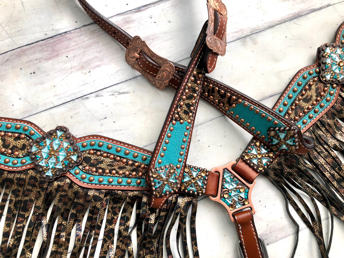 Teal Metallic Cheetah Fringe Tack Set