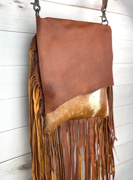 CLEARANCE!! Mesa Tan Raw Hide Cut Flap - Hair on Hide Fringe Bag
