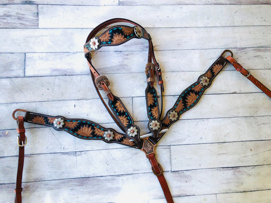 Sunflower Tooled Turquoise Buckstitch Set