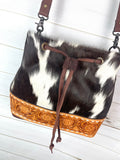 Brown and White Hide with Leather Tooled Bottom Bucket Bag