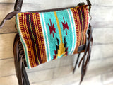 Turquoise and Rust Wool Pattern Fringe Bag