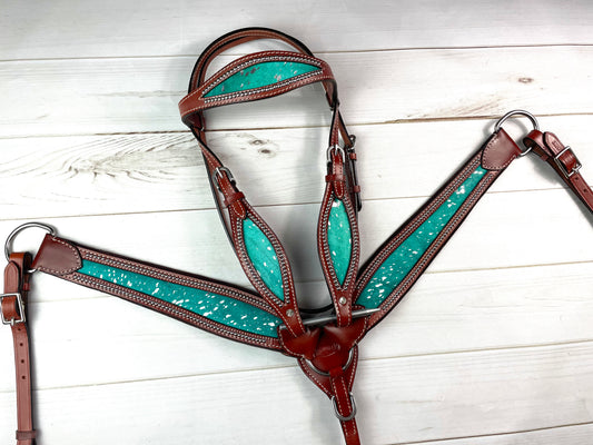 Turquoise Leather Hide with Metallic Splatter  Tack Set