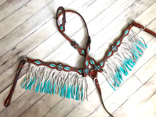 Turquoise and White Cross Stitch Leather Ombre Fringe Tack Set