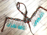 Turquoise and White Cross Stitch Leather Ombre Fringe Tack Set