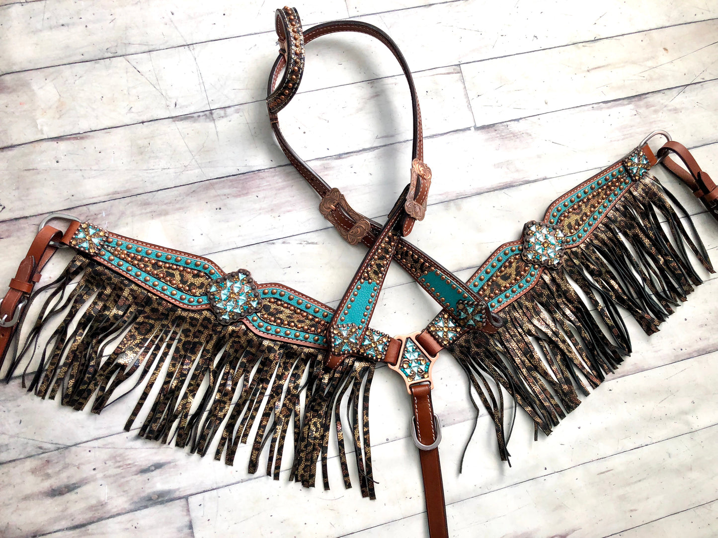 Teal Metallic Cheetah Fringe Tack Set