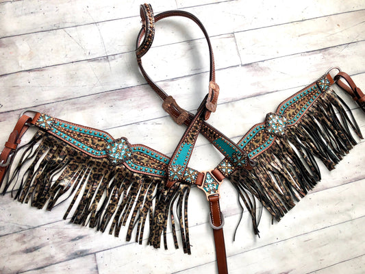 Teal Metallic Cheetah Fringe Tack Set