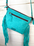 SALE! Turquoise Suede Brocade Medium Leather Tooled & Buckstitch Fringe Bag
