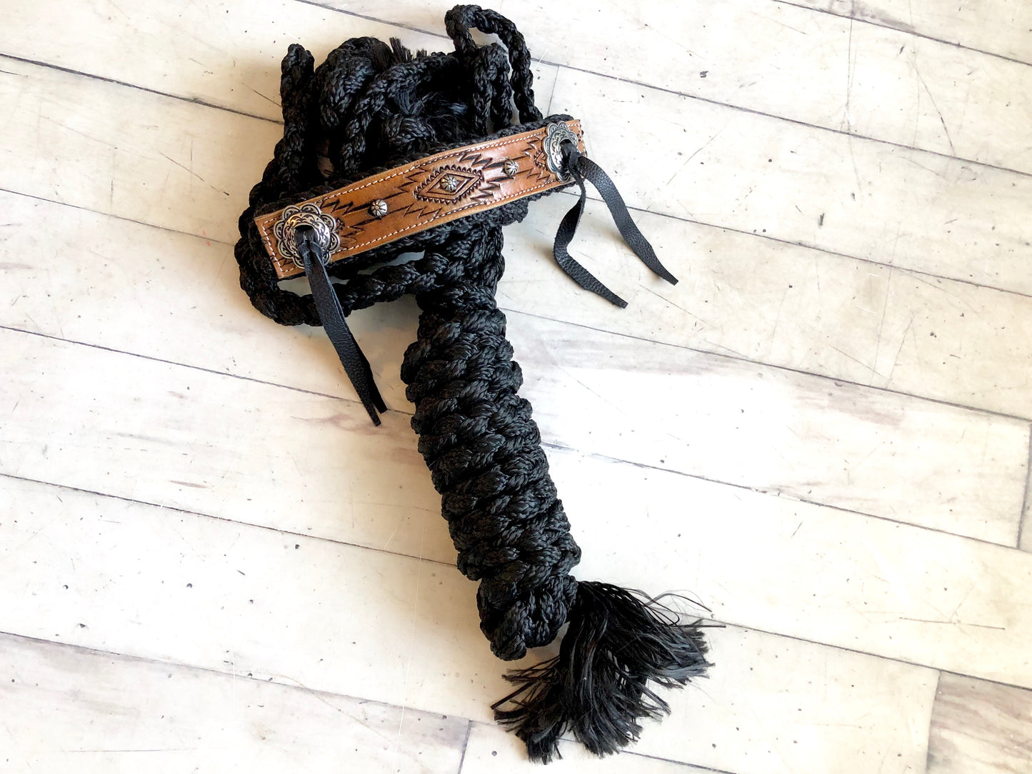 Leather Aztec Tooled Noseband on Black Nylon Muletape