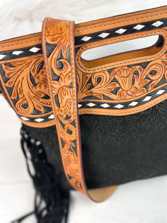 Black Canyon Handle Cross Body Bag - Pattern Suede Brocade Design