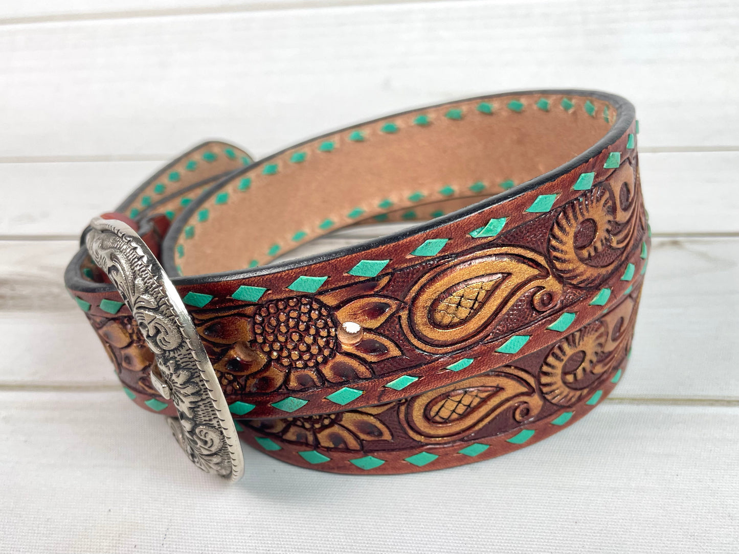 Tooled Paisley Gold Brushed Leather Woman’s Belt