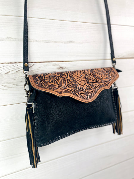 Black Canyon Suede Brocade with Leather Tooled Envelope Crossbody Bag