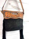 Black Canyon Handle Cross Body Bag - Pattern Black Suede Brocade Design