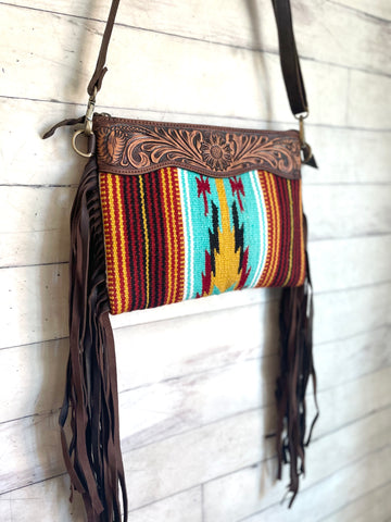 Rust / Wine and Turquoise Pattern Wool Leather Fringe Concealed Carry Bag