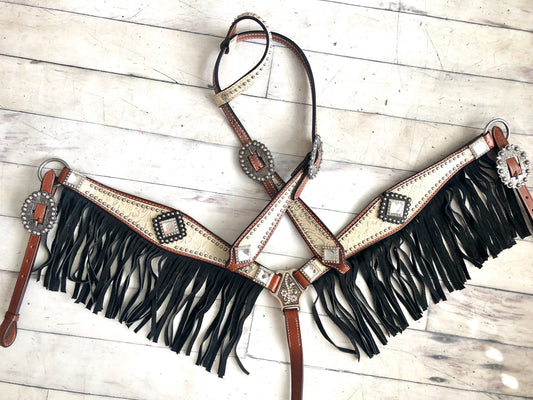 White/Cream Brushed with Black Suede Fringe