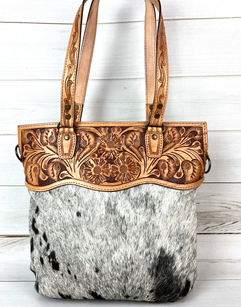 Floral Tooled Leather Cowhide Western Tote