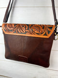 Leather Floral Tooled Flap on Tan Hide Handbag