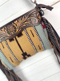Mohave Medium Tan and Grey Leather Tooled Fringe Bag