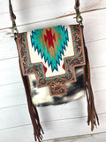 Monument Turquoise Wool Pattern Inset Tooled Leather Over Hide