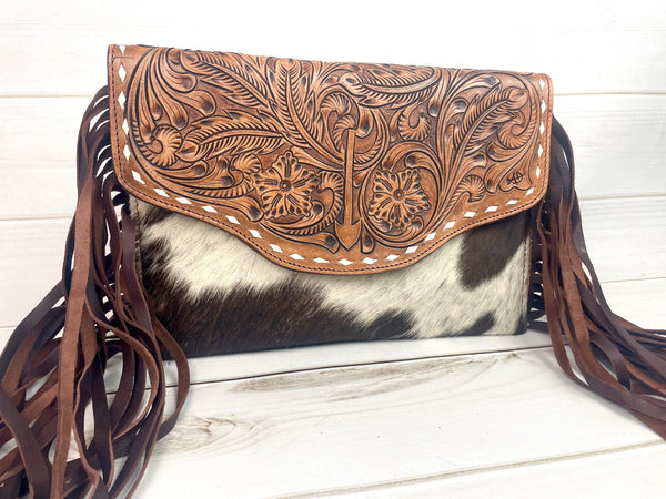 Arrow Leather Tooled and Cowhide Crossbody Bag