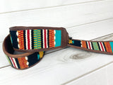 Black Multi Color Aztec Wool Pattern Over Leather Crossbody Handbag Strap