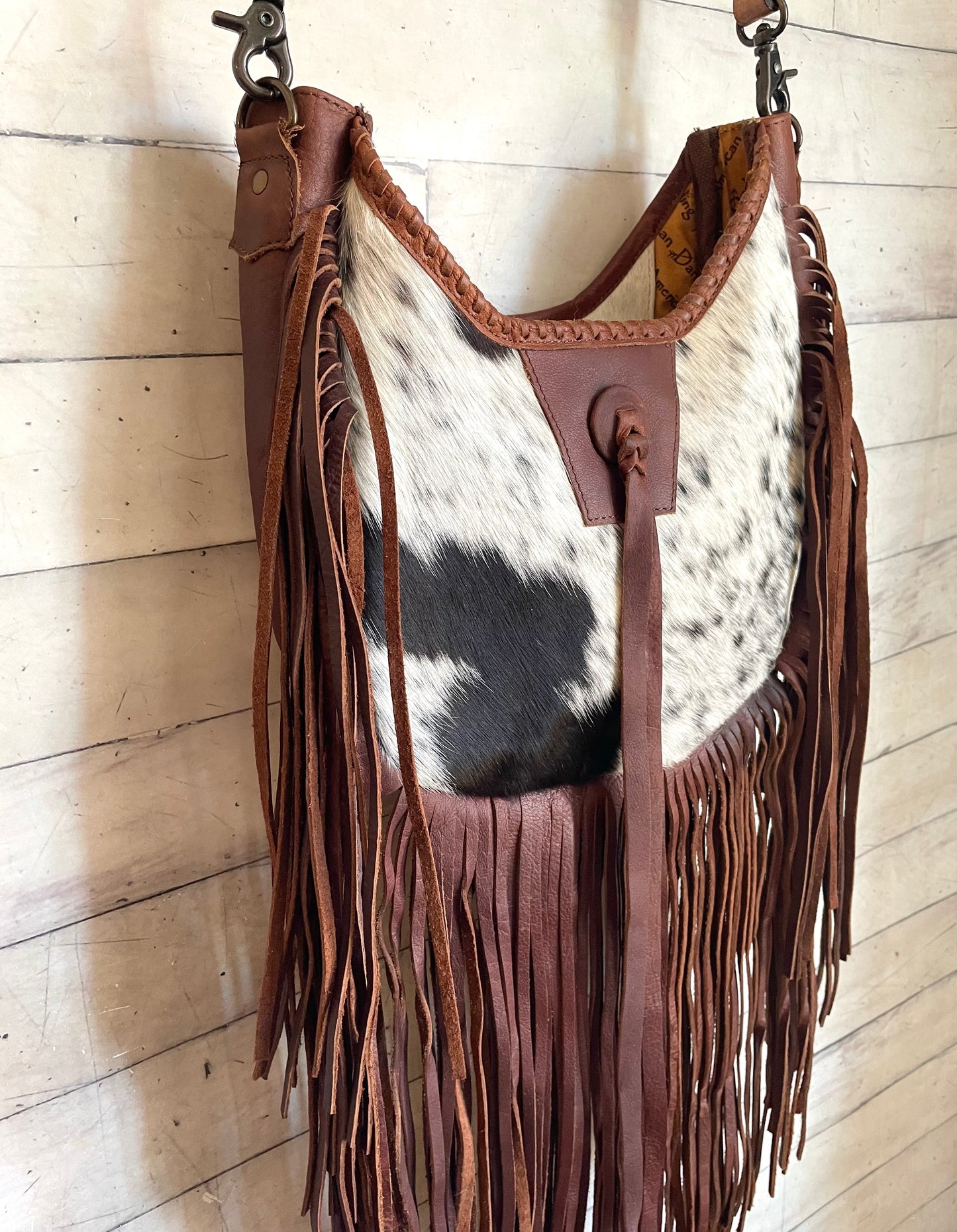 Brown Hide & Leather Boho Crossbody Long Fringe Bag