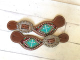 Teal Cross Beaded Inset Spur Straps