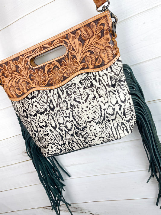 Black Snake Pattern on Hide Tooled Handle Fringe / Crossbody Handbag