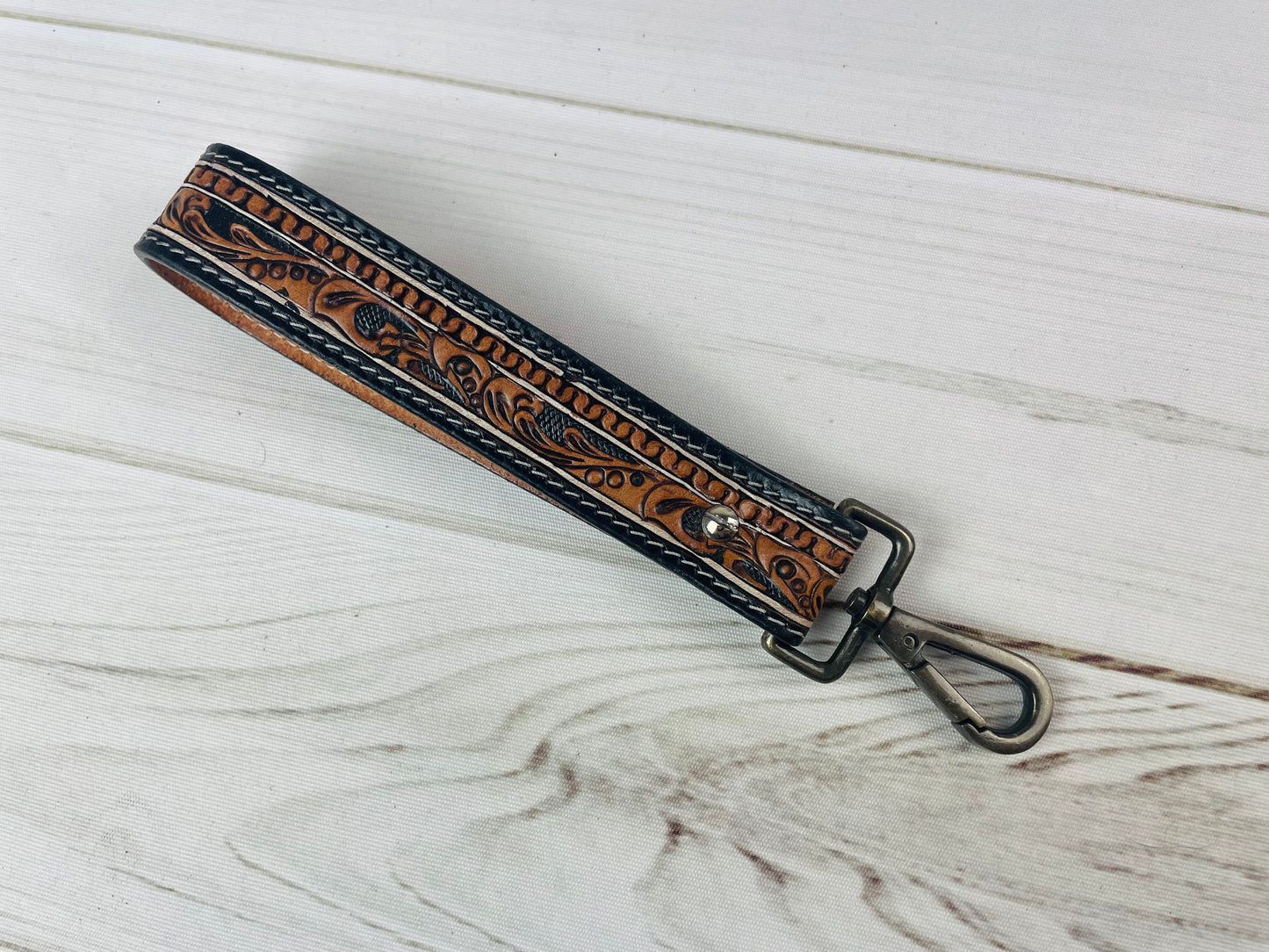 Black Border Floral Tooled Wristlet Leather Keychain