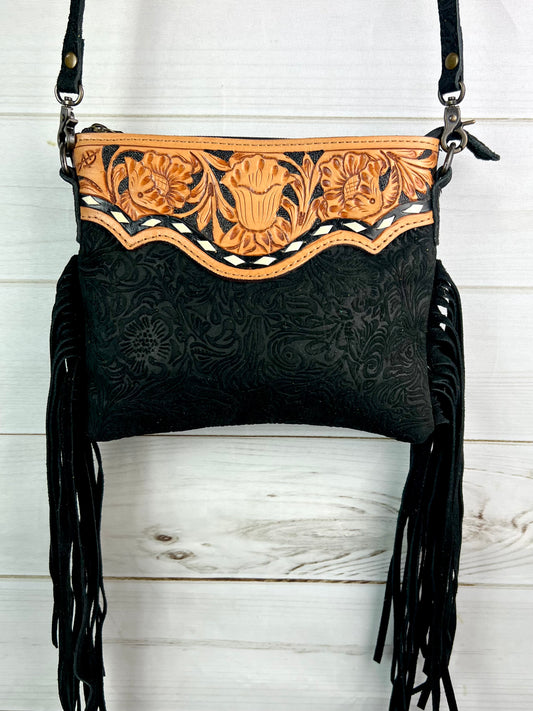 Black Canyon Suede Brocade Leather Tooled Buckstitch Fringe Purse