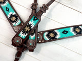 Turquoise Bronze Woven Inset Dark Leather Tack Set
