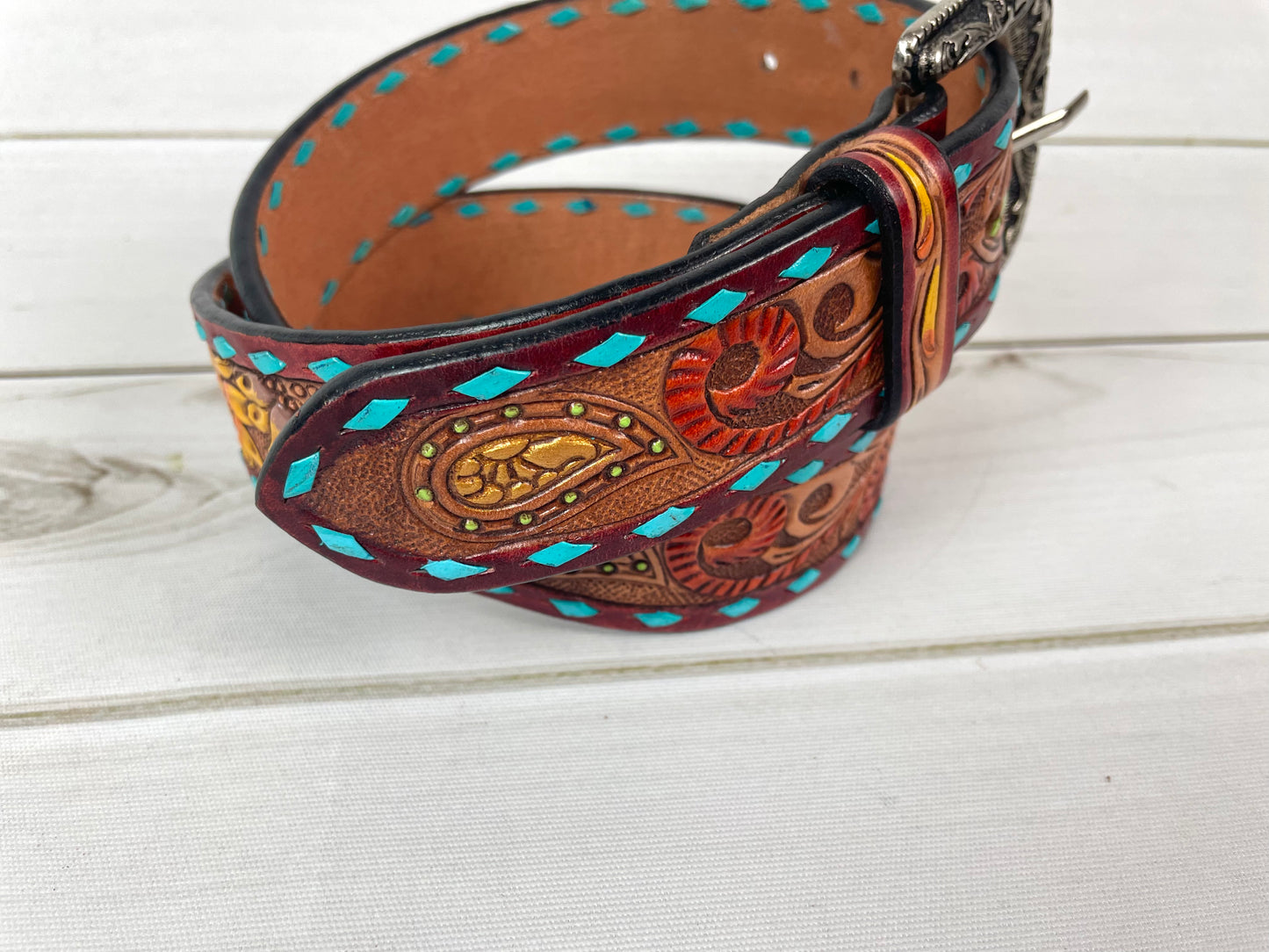 Turquoise Buckstitch Floral Tooled Leather Belt